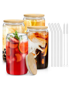 Vasos de Vidrio 16oz Sungwoo con Tapas de Bambú - 4 Piezas