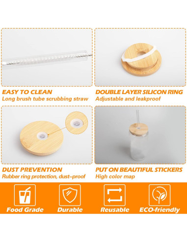 Set de 2 Vasos de Vidrio 16 oz con Tapa de Bambú y Popote WISIMMALL