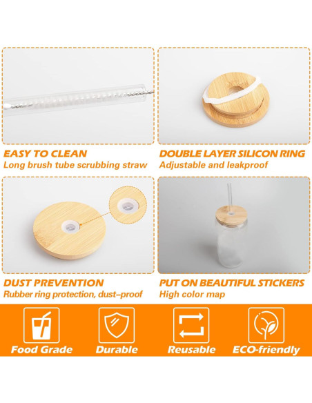 Set de 2 Vasos de Vidrio 16 oz con Tapa de Bambú y Popote WISIMMALL