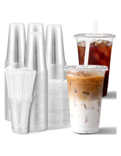 AOZITA 100 Vasos de Plástico 16 Oz con Tapas y Pajitas