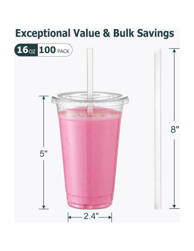 AOZITA 100 Vasos de Plástico 16 Oz con Tapas y Pajitas