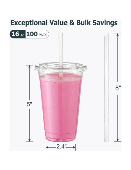 AOZITA 100 Vasos de Plástico 16 Oz con Tapas y Pajitas