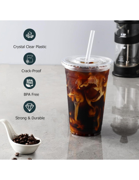 AOZITA 100 Vasos de Plástico 16 Oz con Tapas y Pajitas