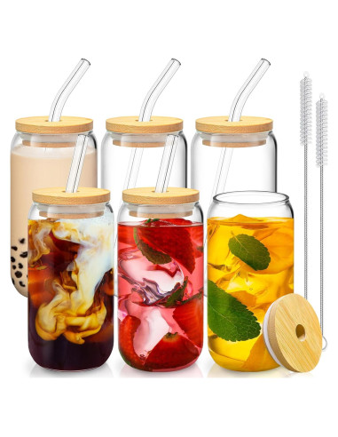 Juego de 6 Vasos de Vidrio 16 Oz con Tapas de Bambú y Pajitas