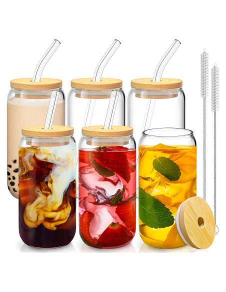 Juego de 6 Vasos de Vidrio 16 Oz con Tapas de Bambú y Pajitas