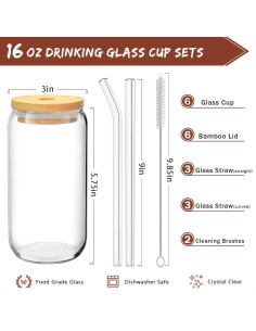 Juego de 6 Vasos de Vidrio 16 Oz con Tapas de Bambú y Pajitas 2