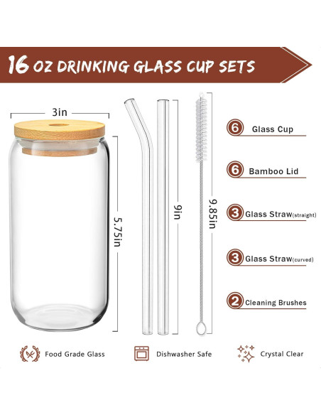 Juego de 6 Vasos de Vidrio 16 Oz con Tapas de Bambú y Pajitas