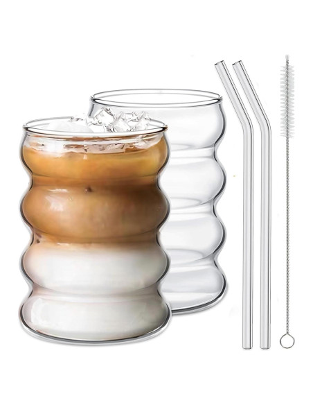 Juego de 2 Vasos de Vidrio Ework4U 414ml con Pajillas