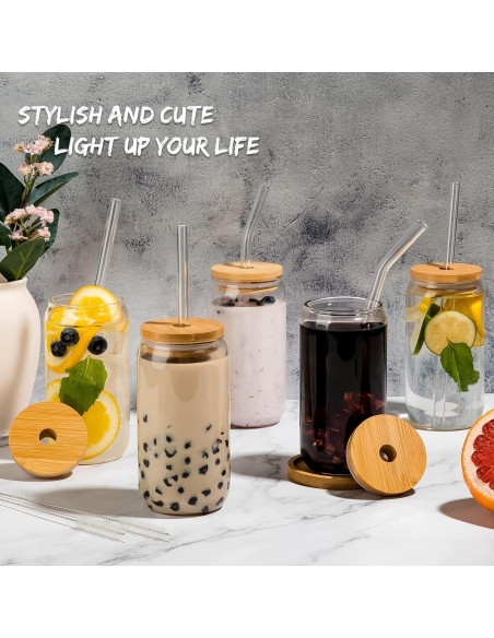 Juego de 6 Vasos de Vidrio 16 Oz con Tapas de Bambú y Pajitas