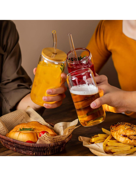 Juego de 6 Vasos de Vidrio 16 Oz con Tapas de Bambú y Pajitas