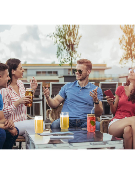 Juego de 6 Vasos de Vidrio 16 Oz con Tapas de Bambú y Pajitas