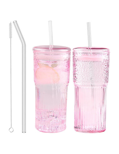 Set de 2 Tazas de Vidrio con Tapa y Popote JunVpic 590 ml