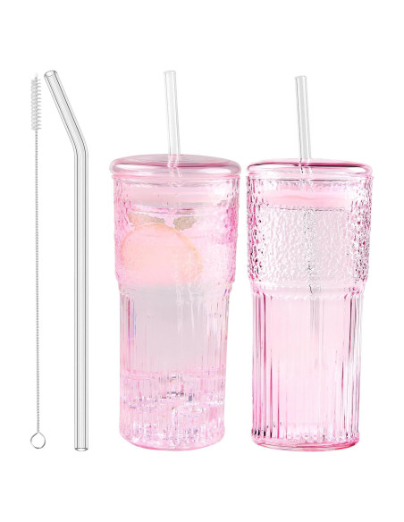 Set de 2 Tazas de Vidrio con Tapa y Popote JunVpic 590 ml