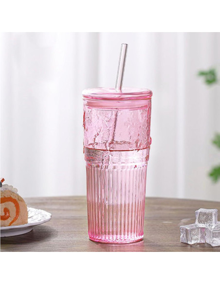 Set de 2 Tazas de Vidrio con Tapa y Popote JunVpic 590 ml