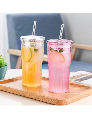 Set de 2 Tazas de Vidrio con Tapa y Popote JunVpic 590 ml