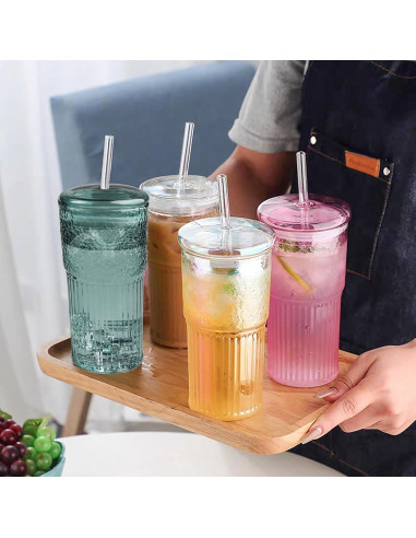 Set de 2 Tazas de Vidrio con Tapa y Popote JunVpic 590 ml