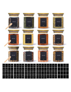 Set 12 Tarros de Especias de Vidrio 6oz con Tapas de Bambú