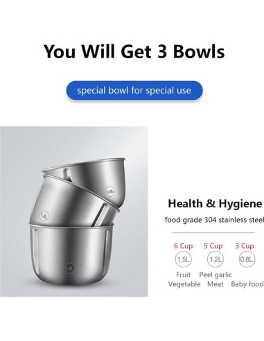 Procesador de Alimentos Joydeem JD-376B 300W 3 Tazones Acero Inoxidable