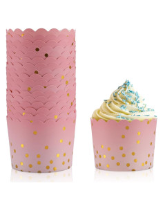 Forros de Cupcake Rosa con Puntos Dorados TRUSBER - 50 Piezas