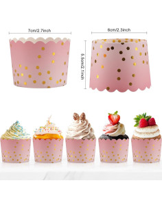 Forros de Cupcake Rosa con Puntos Dorados TRUSBER - 50 Piezas 2