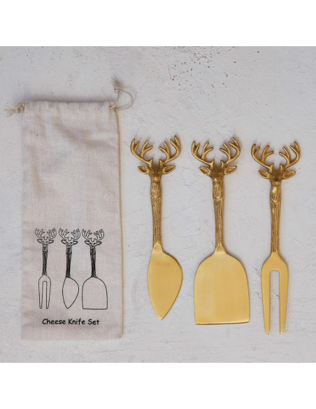 Set de 3 Cuchillos de Queso Latón con Mango de Reno Creative Co-Op