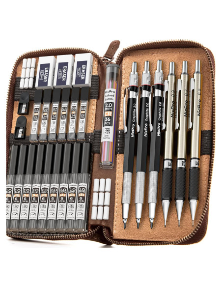 Conjunto de Lápices Mecánicos Nicpro 30 Piezas Estuche Cuero