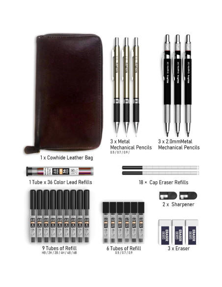 Conjunto de Lápices Mecánicos Nicpro 30 Piezas Estuche Cuero