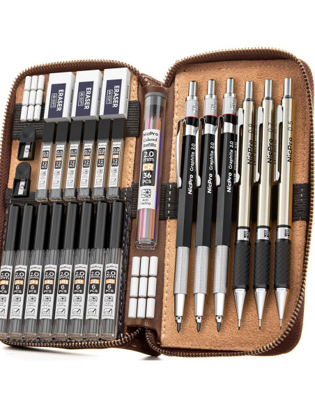 Conjunto de Lápices Mecánicos Nicpro 30 Piezas Estuche Cuero