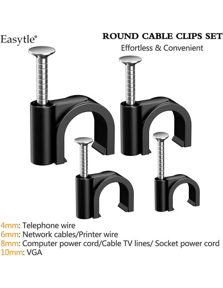 200 Clips de Cable Negros Easytle 4-10mm para Pared