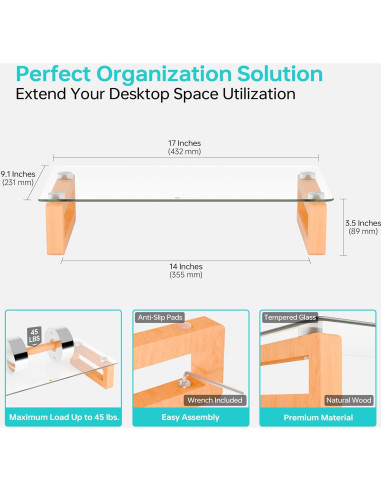 Soporte Elevador de Monitor YEOUX de Madera y Vidrio 43.2x22.9 cm