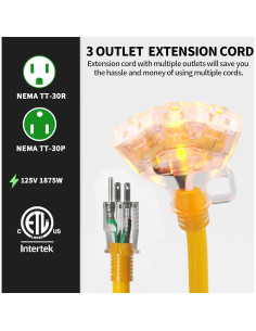 Cable de Extensión 12/3 POWGRN Amarillo 1 Pie 3 Salidas 2