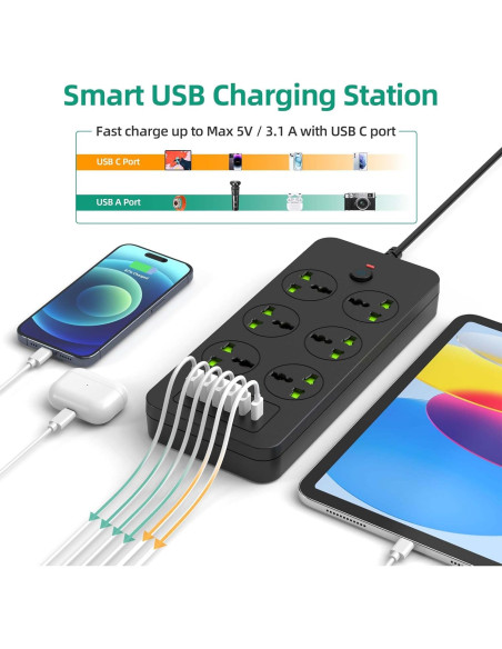 Regleta de Enchufes Universales XYZCREAT 6 Salidas 4 USB Carga Rápida