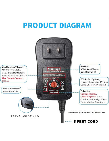Adaptador de Corriente Universal SoulBay 30W 3V-12V 2A