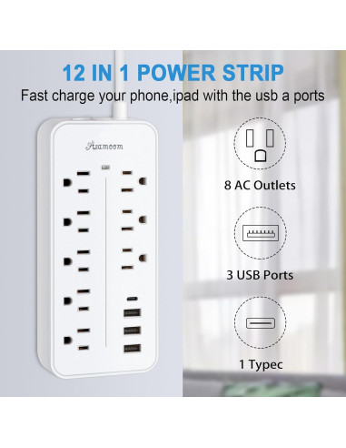 Regleta de Protección Asamoom 20FT 12 en 1 con USB-C y 8 Salidas