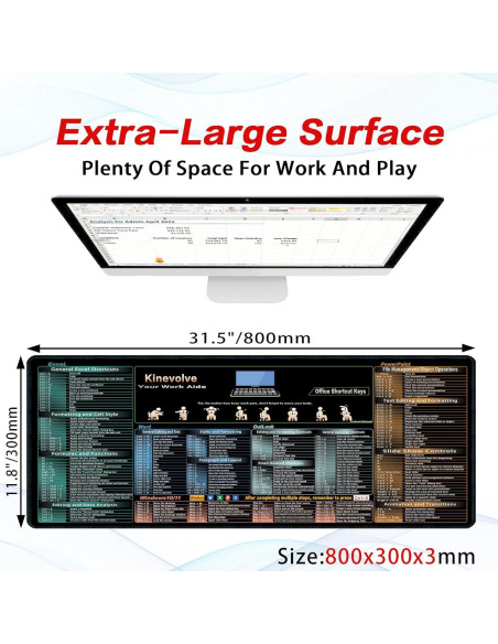 Alfombrilla de Ratón Kinevolve XL 80x30 cm con Atajos de Excel