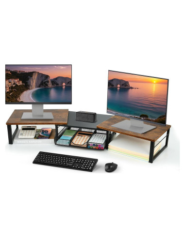 Soporte Doble para Monitor OPNICE con Cajón Madera Marrón