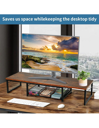 Soporte Doble para Monitor OPNICE con Cajón Madera Marrón