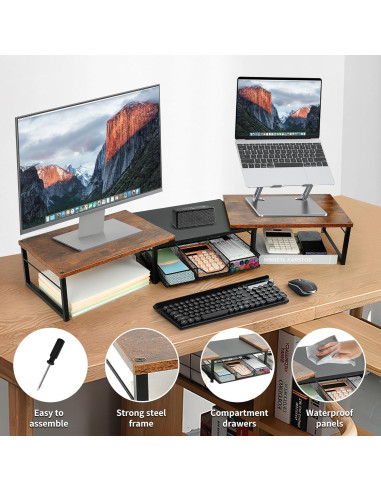 Soporte Doble para Monitor OPNICE con Cajón Madera Marrón