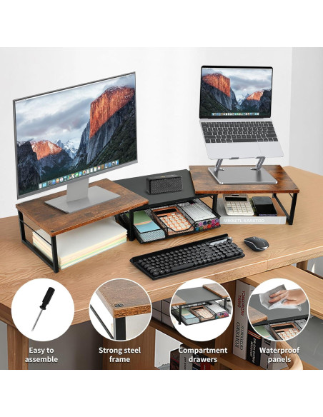 Soporte Doble para Monitor OPNICE con Cajón Madera Marrón