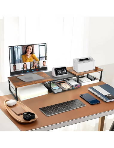 Soporte Doble para Monitor OPNICE con Cajón Madera Marrón