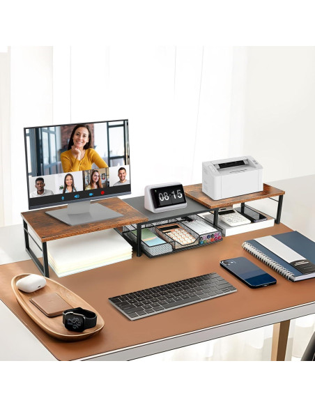 Soporte Doble para Monitor OPNICE con Cajón Madera Marrón