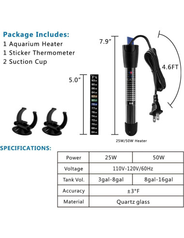 Calentador de Acuario DOMICA 50W Sumergible 30-60L con Termómetro
