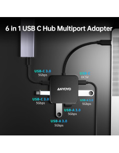 Hub USB 6 en 1 ANYOYO con 3 USB-A y 3 USB-C 3.0 2