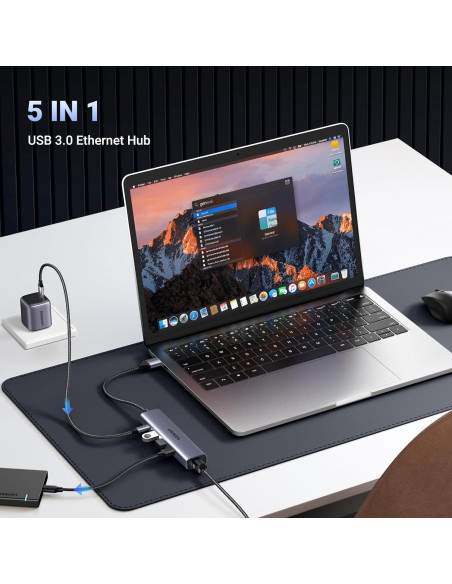 Adaptador USB a Ethernet UGREEN 5 en 1 con 3 Puertos USB 3.0