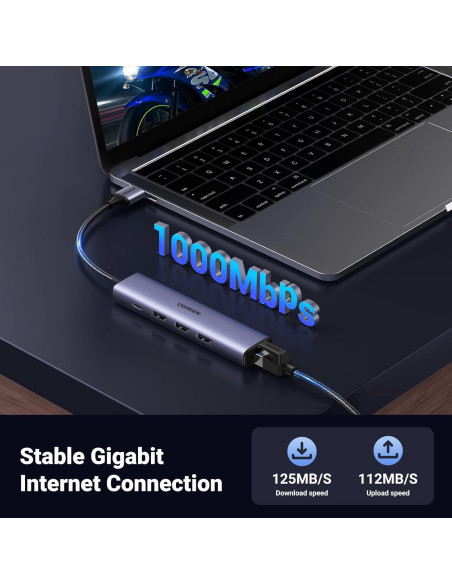 Adaptador USB a Ethernet UGREEN 5 en 1 con 3 Puertos USB 3.0