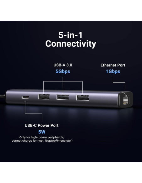 Adaptador USB a Ethernet UGREEN 5 en 1 con 3 Puertos USB 3.0
