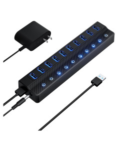 Hub USB 3.0 Alimentado Miuhhur 10 Puertos con Interruptores LED
