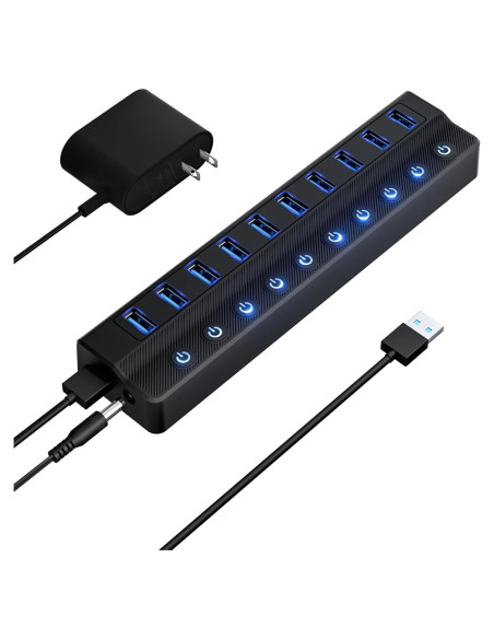 Hub USB 3.0 Alimentado Miuhhur 10 Puertos con Interruptores LED