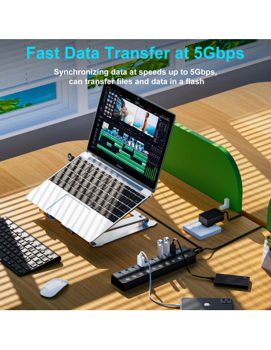 Hub USB 3.0 Alimentado Miuhhur 10 Puertos con Interruptores LED