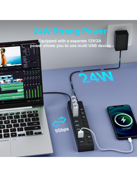 Hub USB 3.0 Alimentado Miuhhur 10 Puertos con Interruptores LED